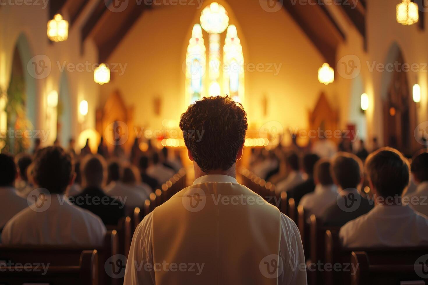 A solemn moment during a religious ceremony in a beautifully lit church filled with attentive attendees in formal dress photo