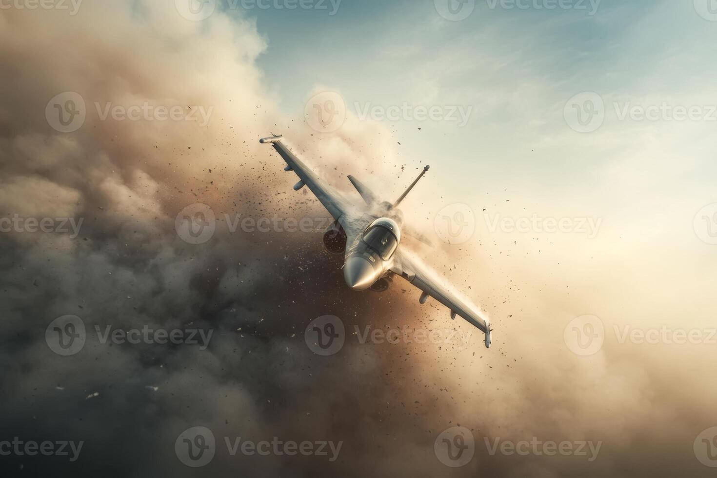 A fighter jet soars through a cloud of smoke during a military training exercise at sunset photo