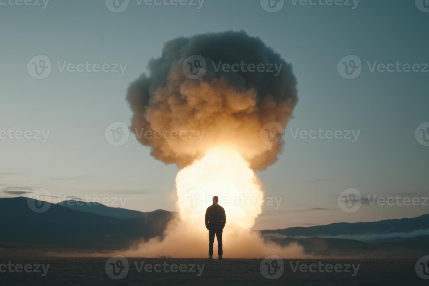 A person stands silhouetted against a massive explosion in a remote mountainous area at dusk, showcasing the power of a detonation photo