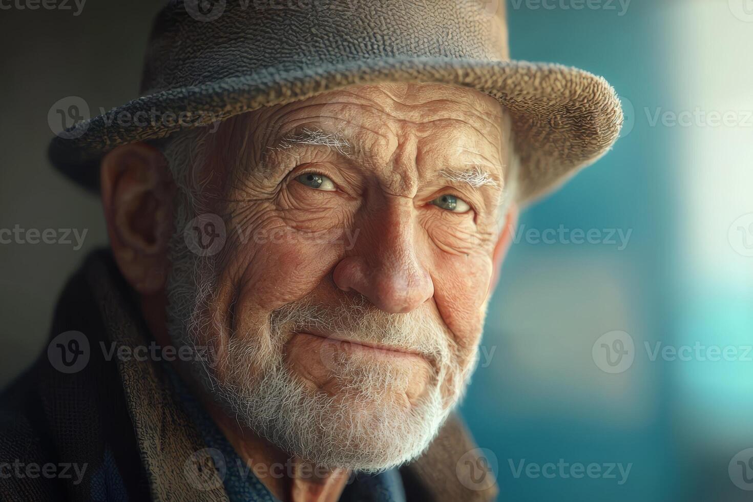Elderly man with a warm smile wearing a hat in a softly lit setting, exuding wisdom and tranquility photo