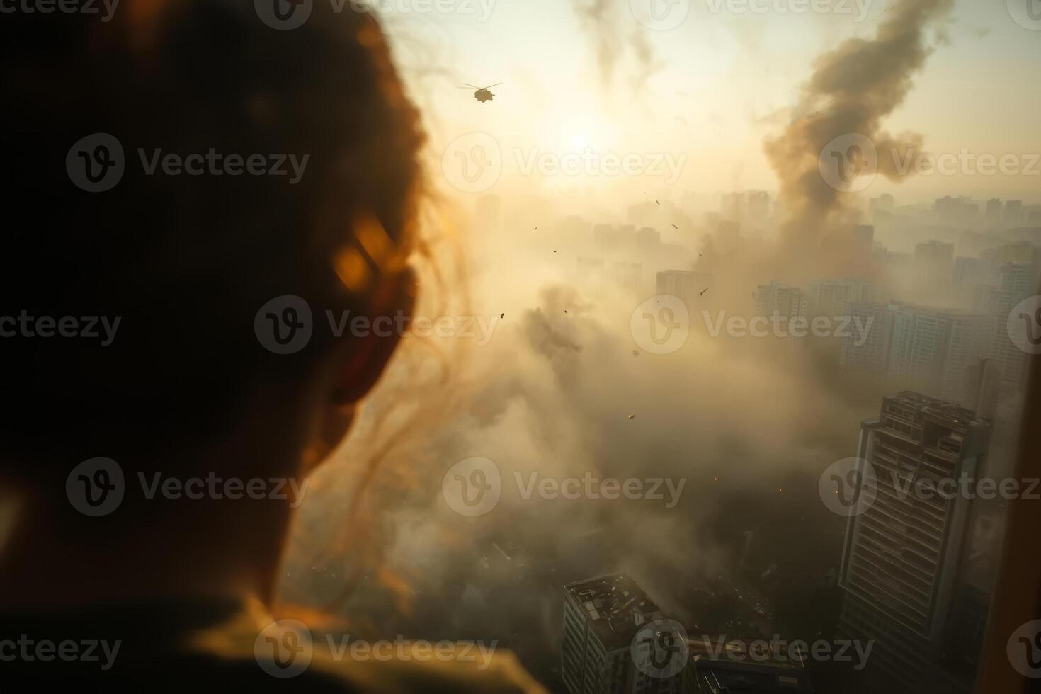 A person gazes out at a smoky city skyline during sunset, witnessing distressing events unfold in the distance photo