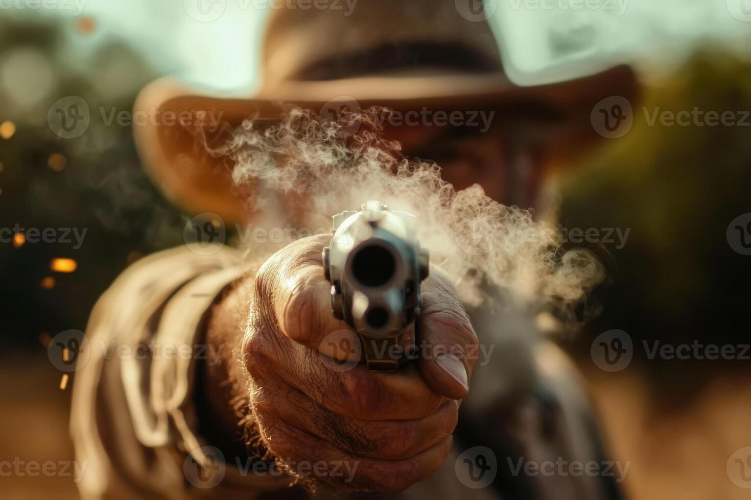 A cowboy aiming a revolver while smoke billows from the barrel during a dramatic showdown at sunset in the wild west photo