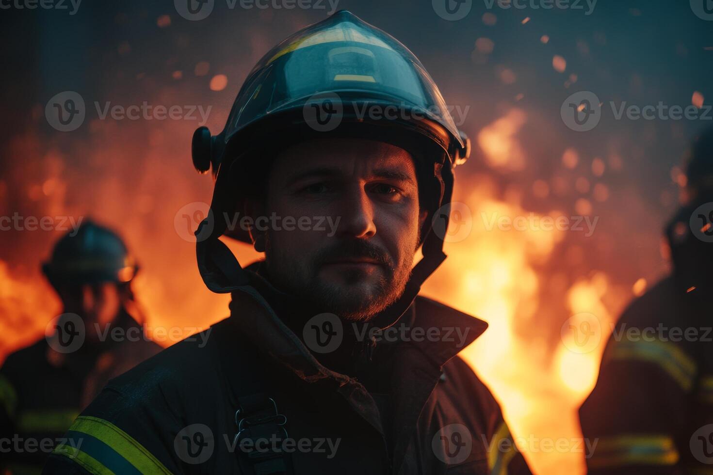 Firefighters engage in a challenging rescue operation amidst a blazing inferno at dusk, showcasing courage and bravery in dangerous conditions photo