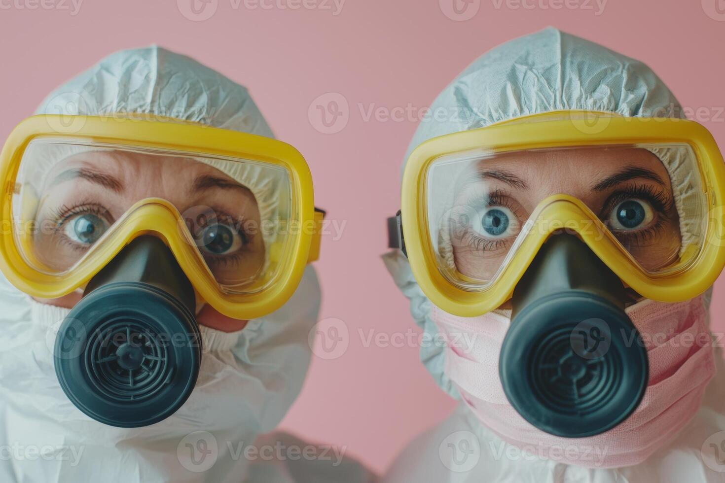Two individuals in protective gear pose with surprised expressions against a pink background, showcasing safety measures for hazardous environments photo