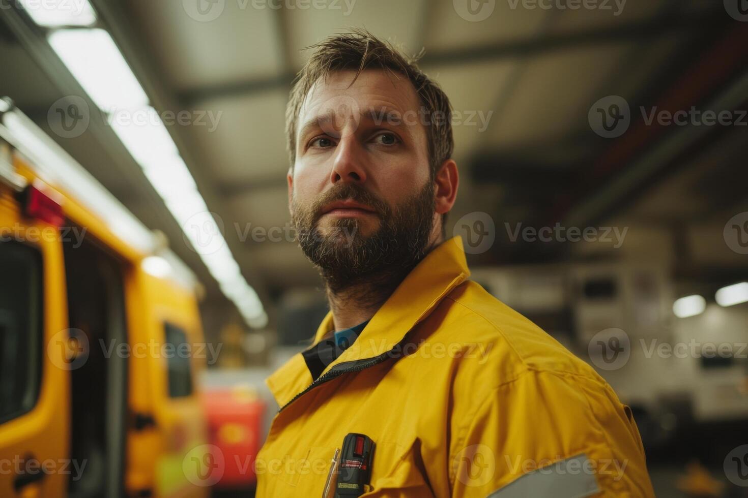 Emergency services personnel in a reflective uniform at a fire station during the day, ready for action and support photo