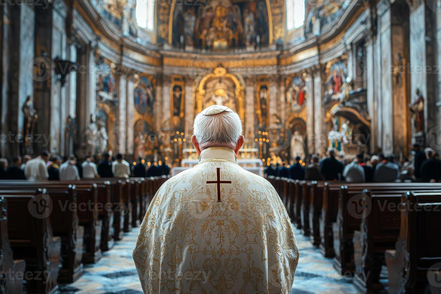 A priest in a white robe standing in a church photo