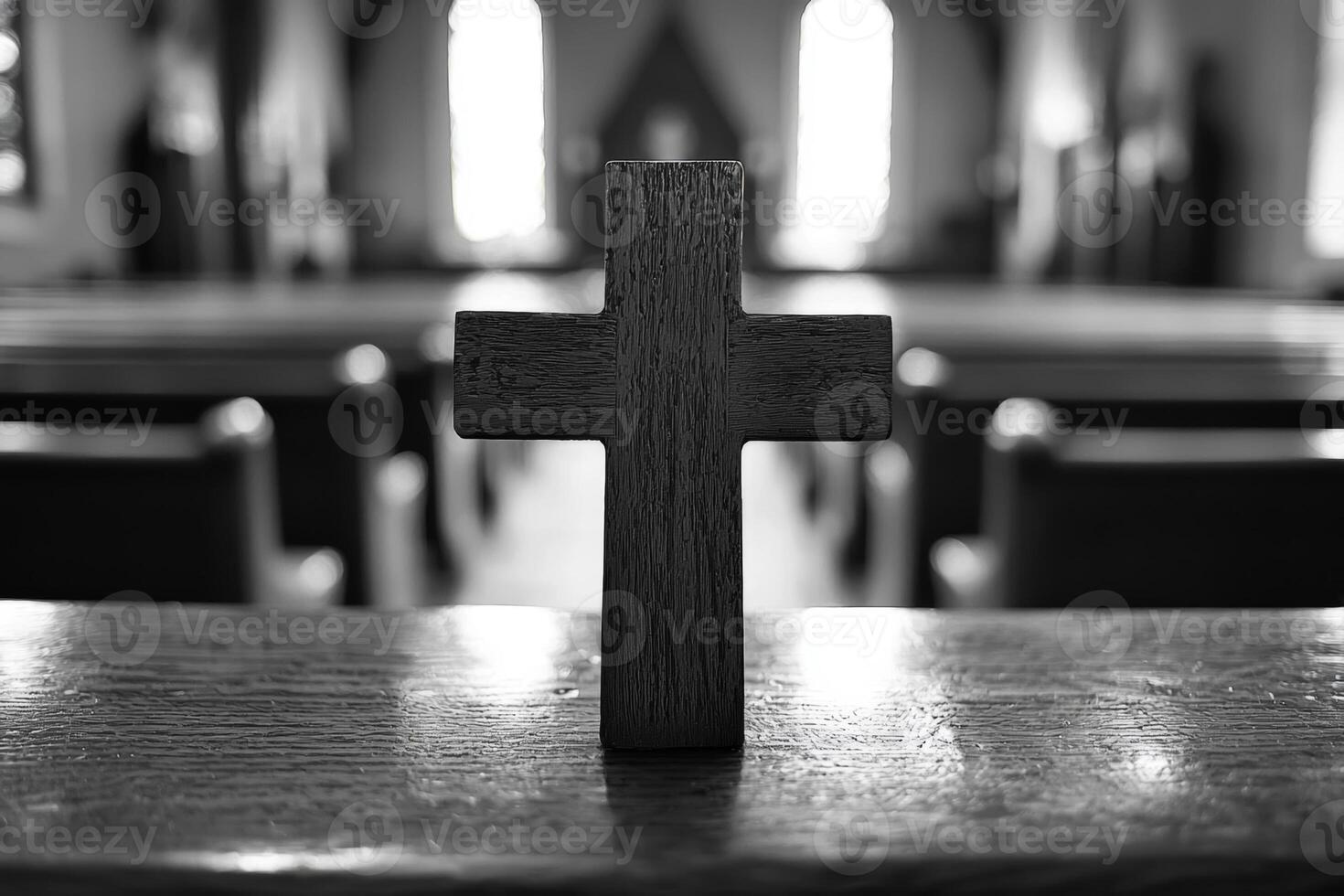 A wooden cross stands prominently on a pew in a serene church setting, bathed in soft light from stained glass windows photo