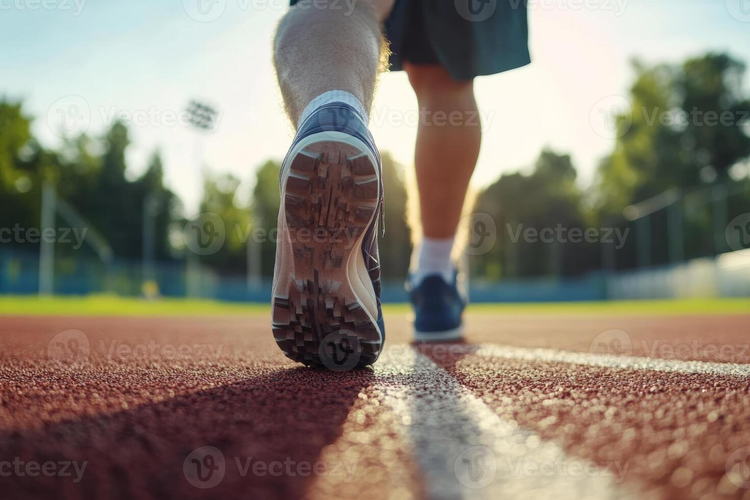 A runner trains on a sunlit track as evening approaches, focused on their exercise routine and personal fitness goals photo