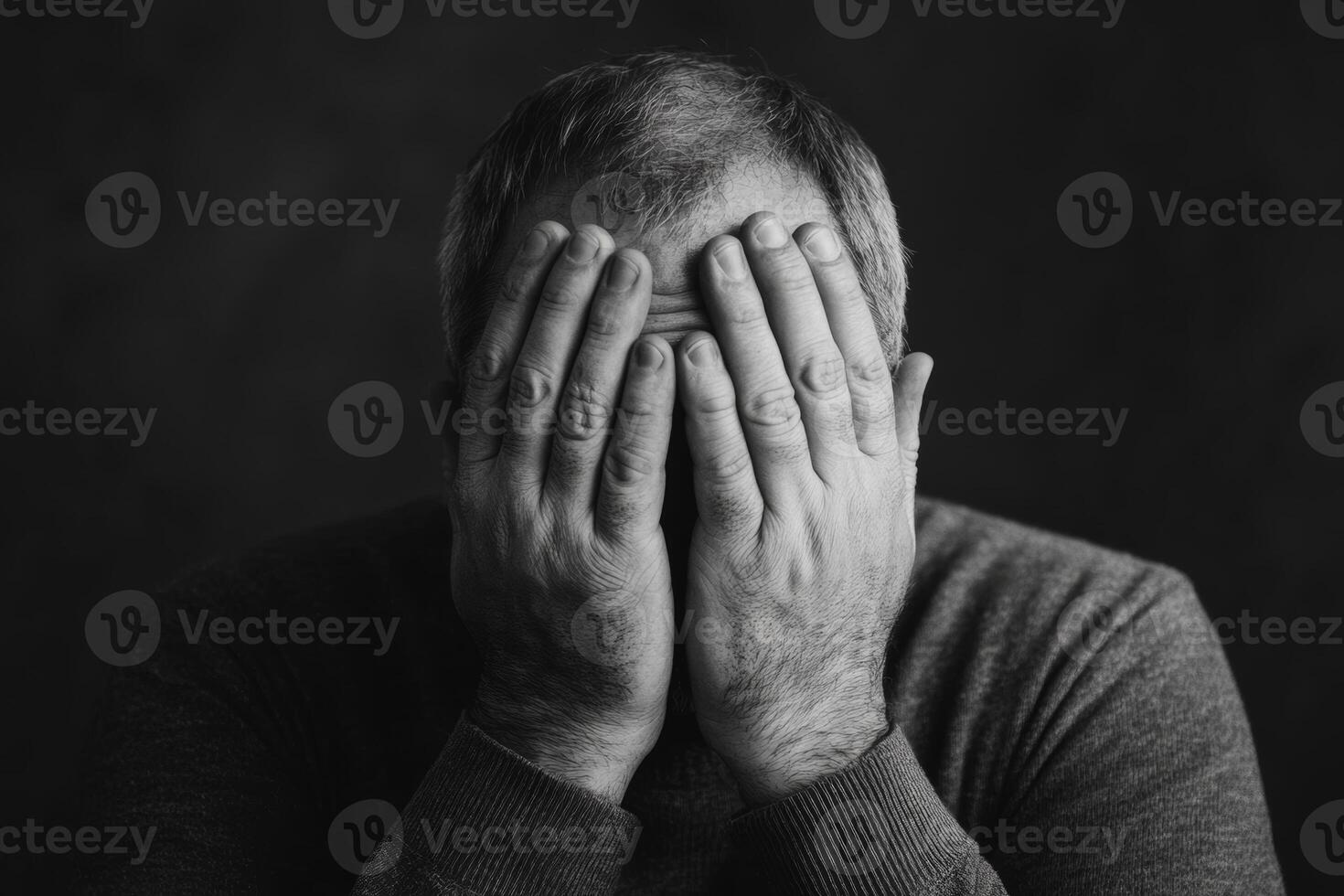 A man covers his face with hands, expressing deep emotion in a monochrome portrait taken indoors during low light photo