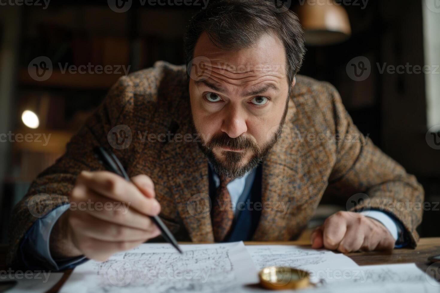 A man in a tweed jacket meticulously sketches architectural plans in a cozy study filled with books and natural light during the afternoon photo
