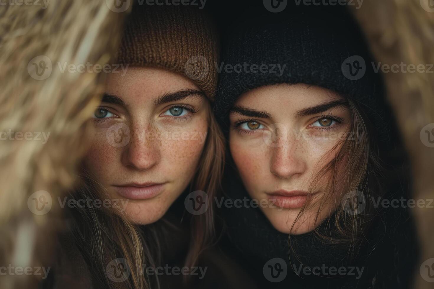 Two women with striking blue and green eyes share a close moment in a cozy natural setting during a chilly winter day photo