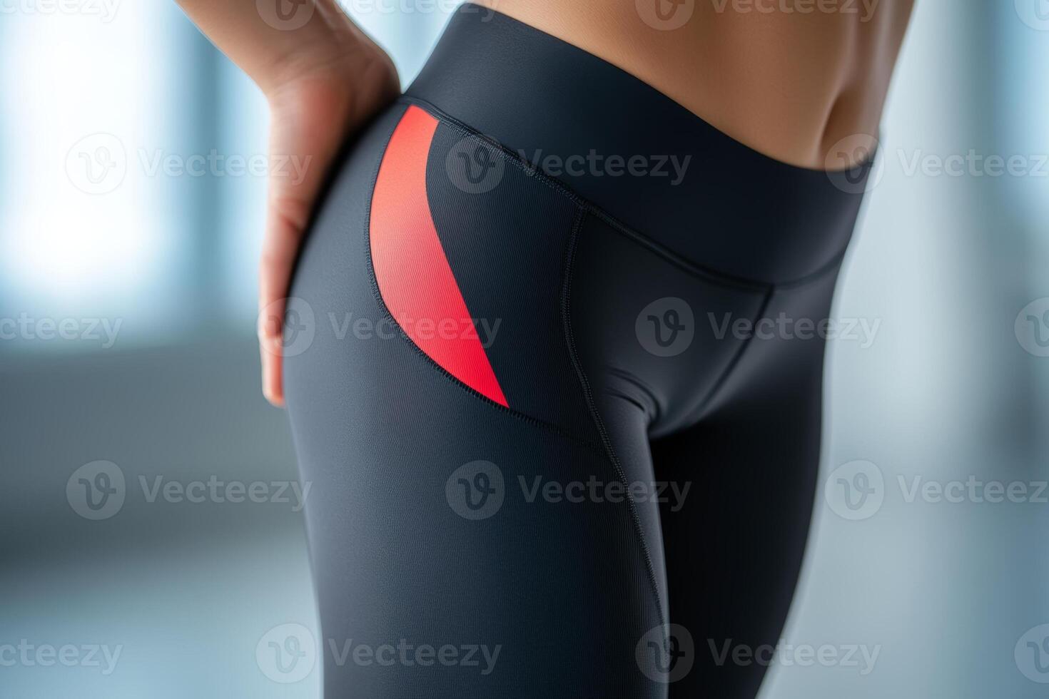 Athletic individual posing in stylish workout leggings showcasing vibrant side detail in a well-lit indoor space during daylight photo