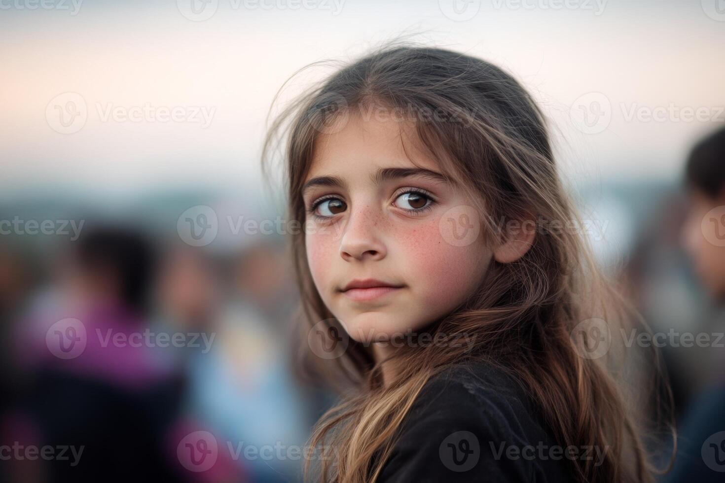 A thoughtful girl with long hair gazes into the distance during a community gathering at sunset in an outdoor setting photo