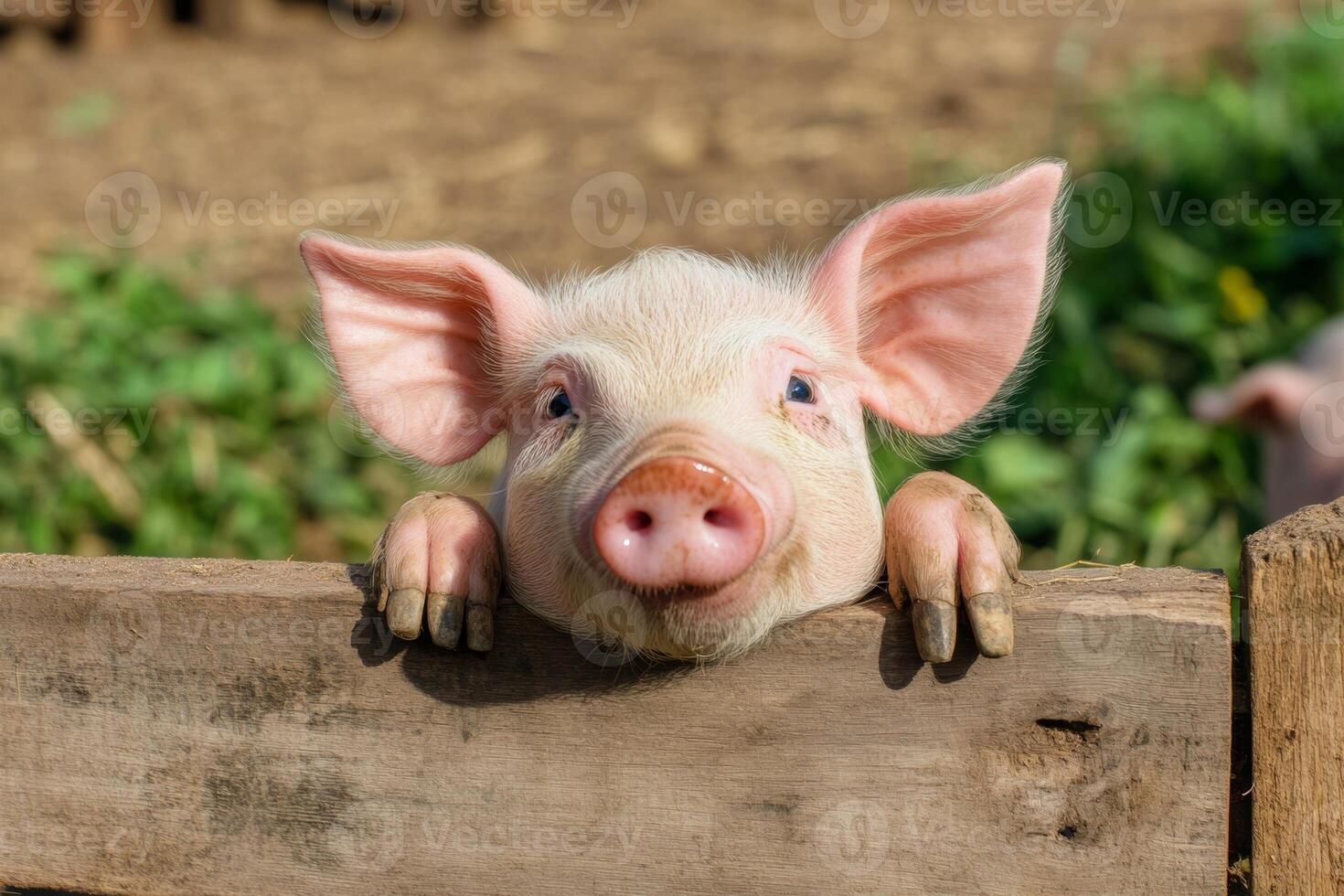 A curious piglet peeks over a wooden fence in a sunny farmyard, surrounded by green grass and playful siblings photo