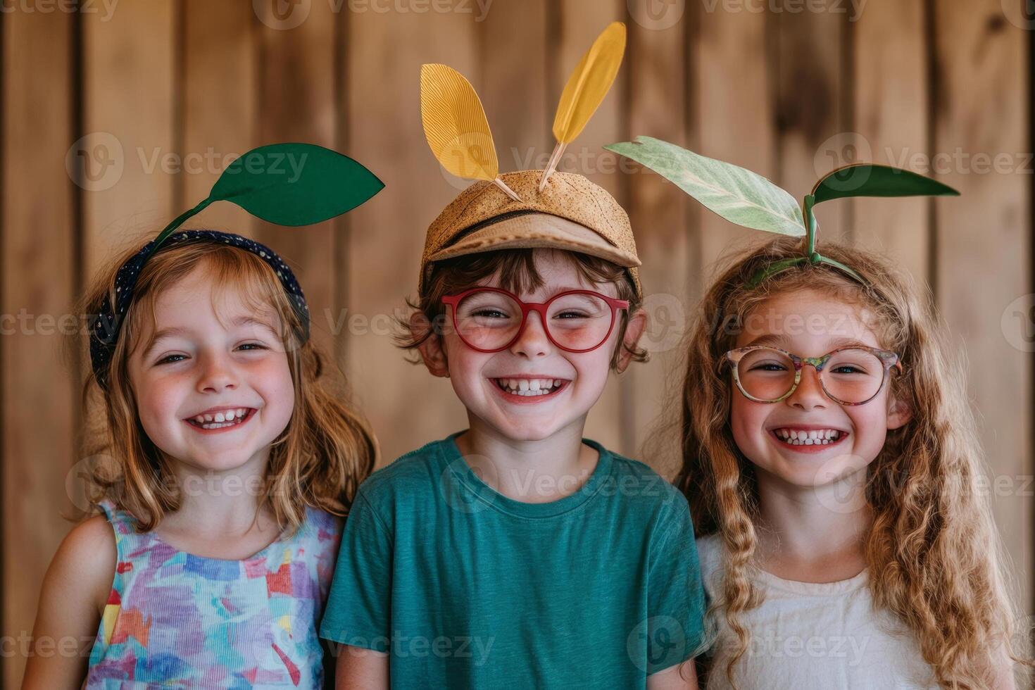 Three cheerful children wearing playful plant hats pose against a rustic wooden backdrop, showcasing creativity and joy in a fun setting photo