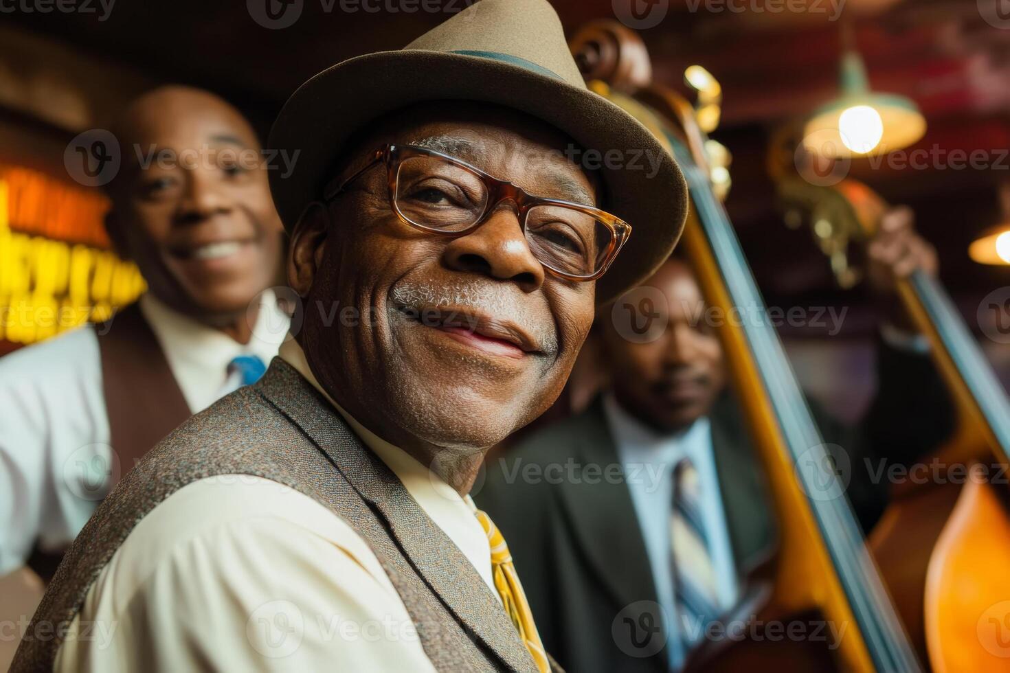 Musicians enjoying a lively moment at a jazz club during a vibrant evening performance photo