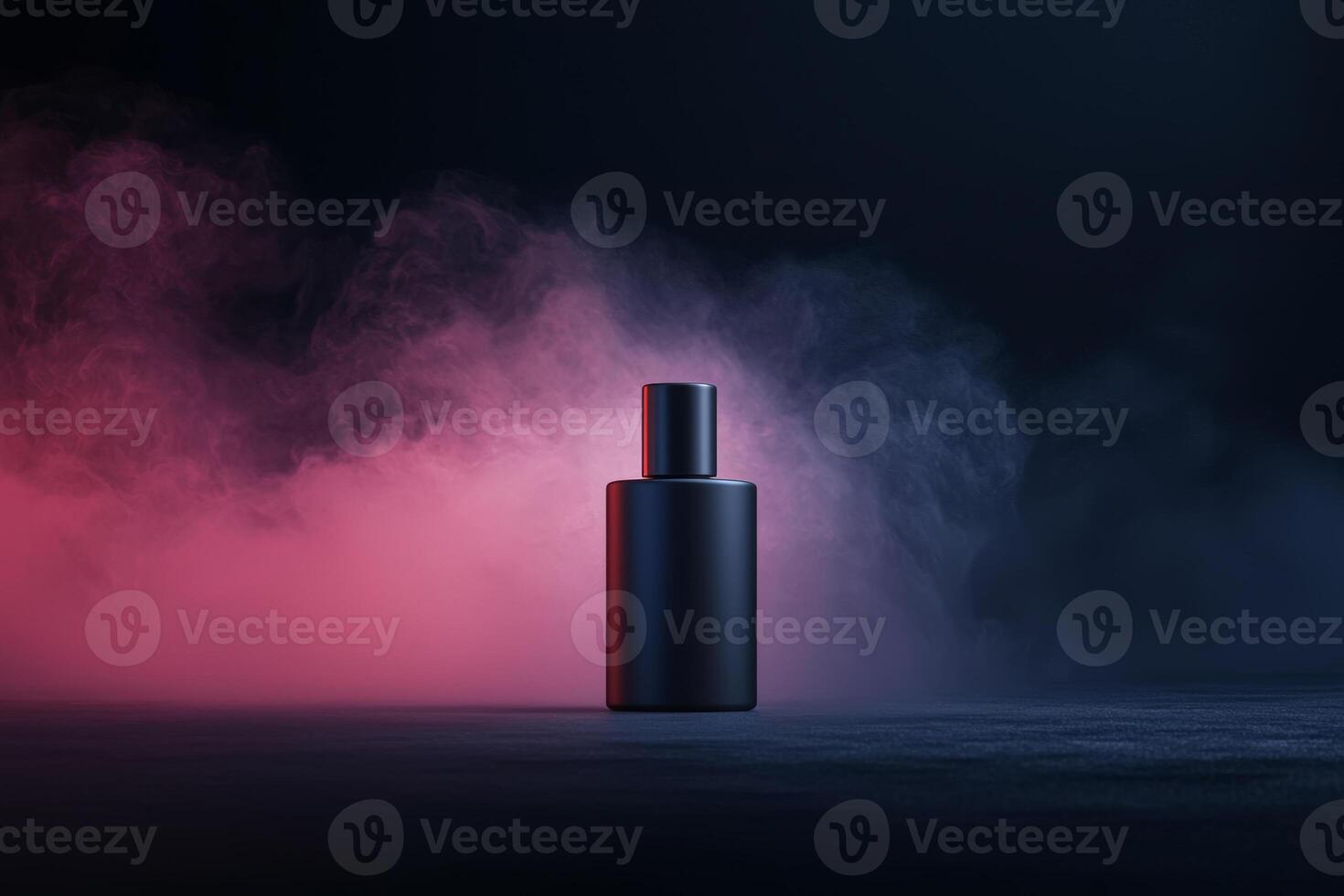 A sleek black perfume bottle surrounded by colorful mist, showcasing elegance and allure in a dark, atmospheric setting photo