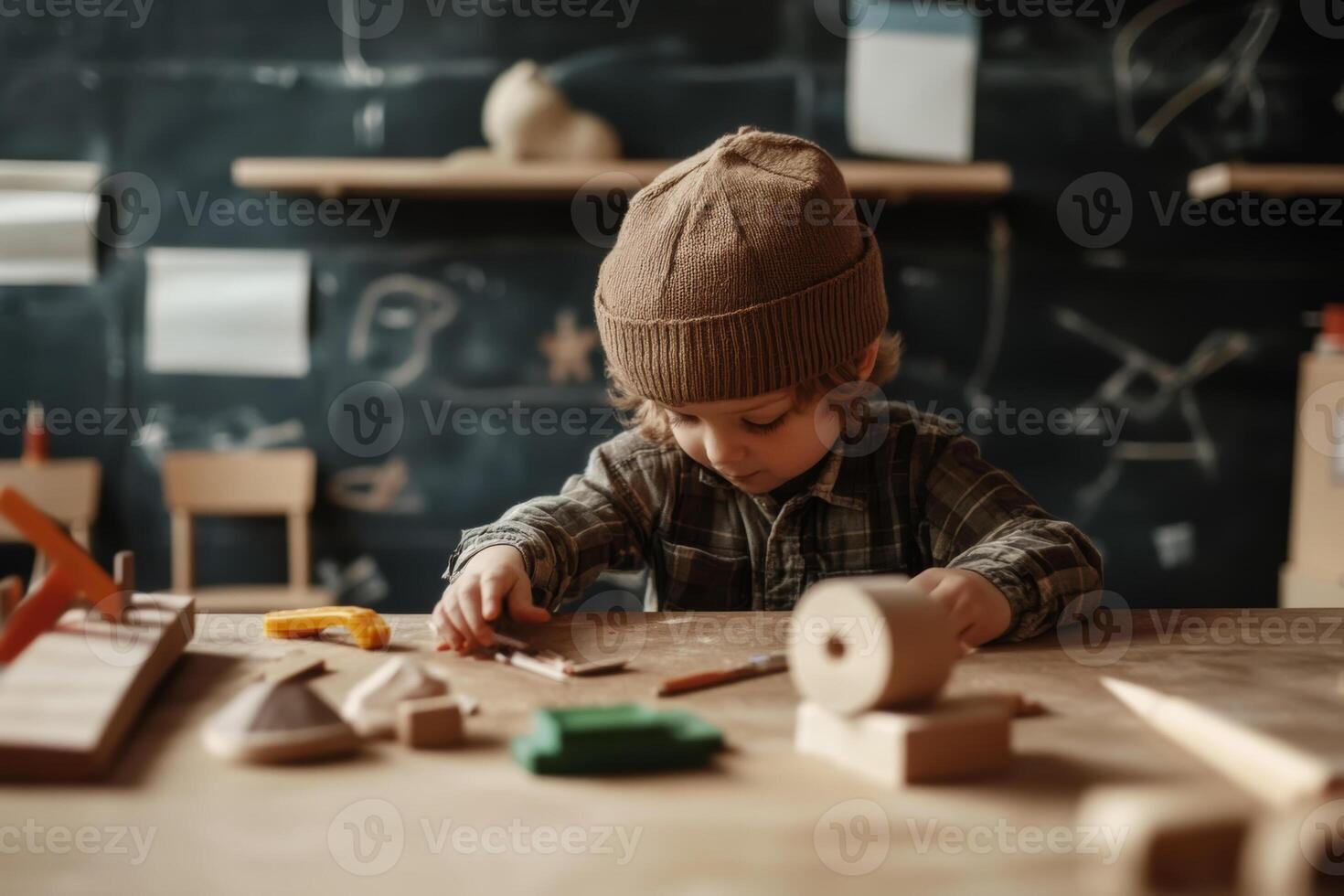 A young child engaged in creative woodworking activities at a classroom workshop during daytime photo