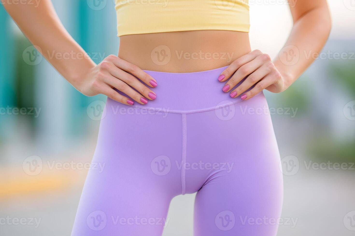 A young woman showcases her activewear in a vibrant outdoor setting during the late afternoon sunlight photo