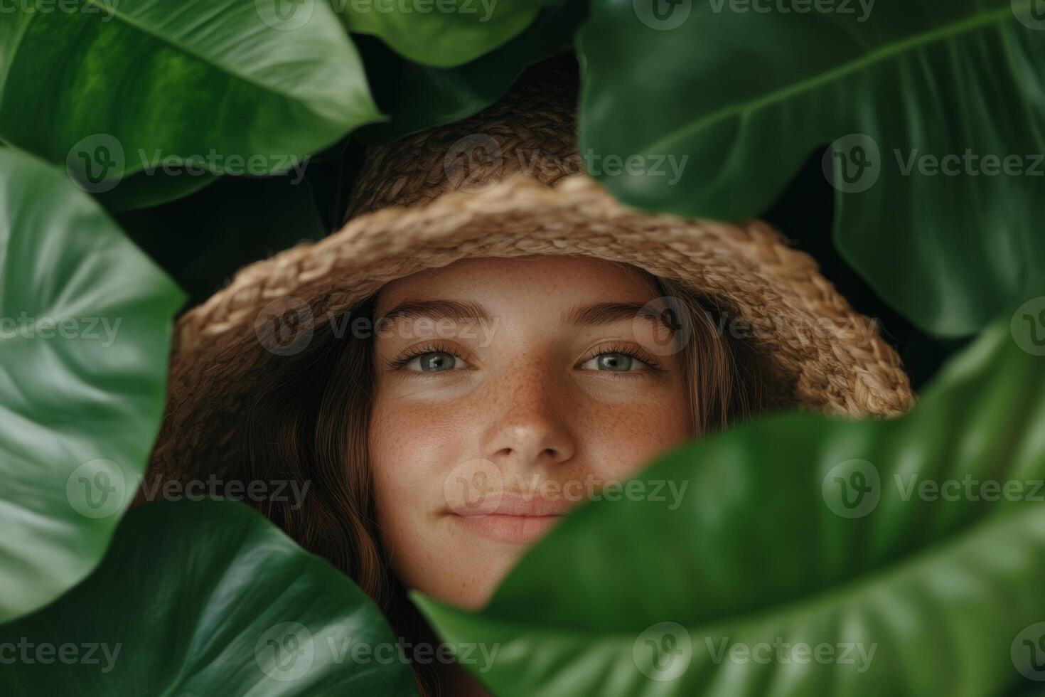A young woman peeking through lush green leaves while wearing a straw hat, capturing the essence of nature's tranquility in a serene environment photo