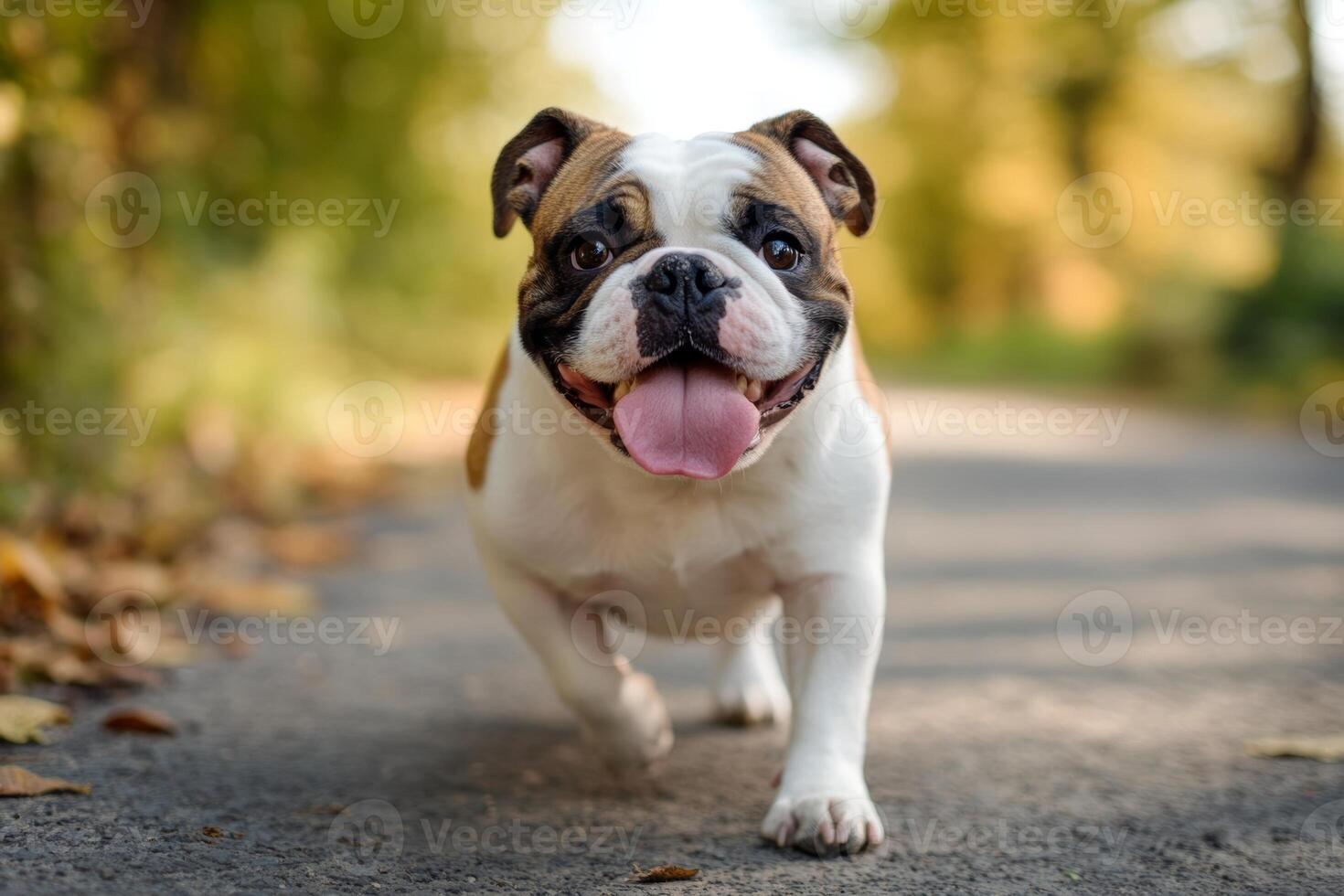 Happy bulldog walking down a tree-lined path during a sunny autumn day in a park photo