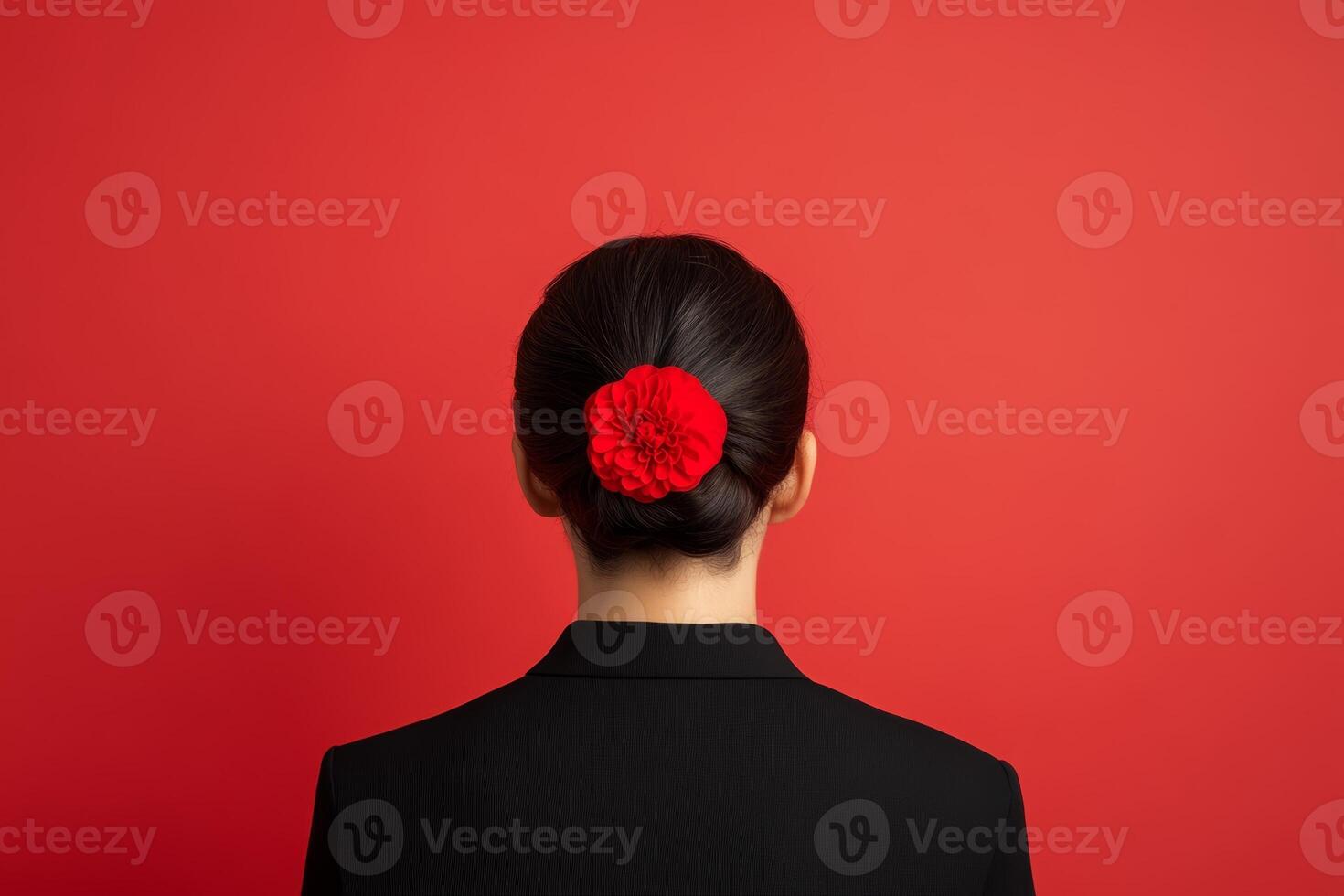 A woman with black hair styled in a bun adorned with a red flower stands against a vibrant red background, showcasing elegance and simplicity photo