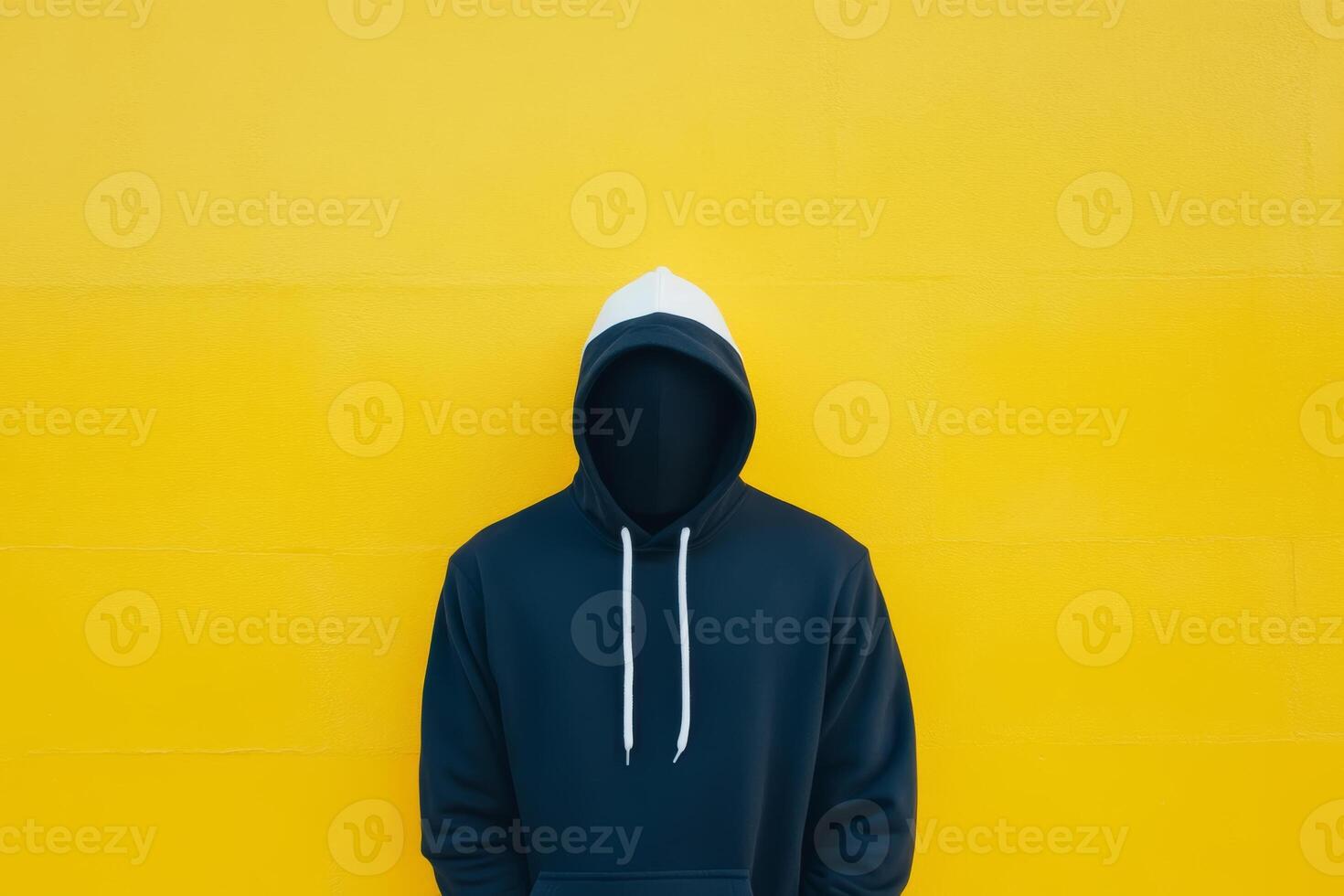 A person in a dark hoodie stands against a bright yellow wall, creating a striking visual contrast photo