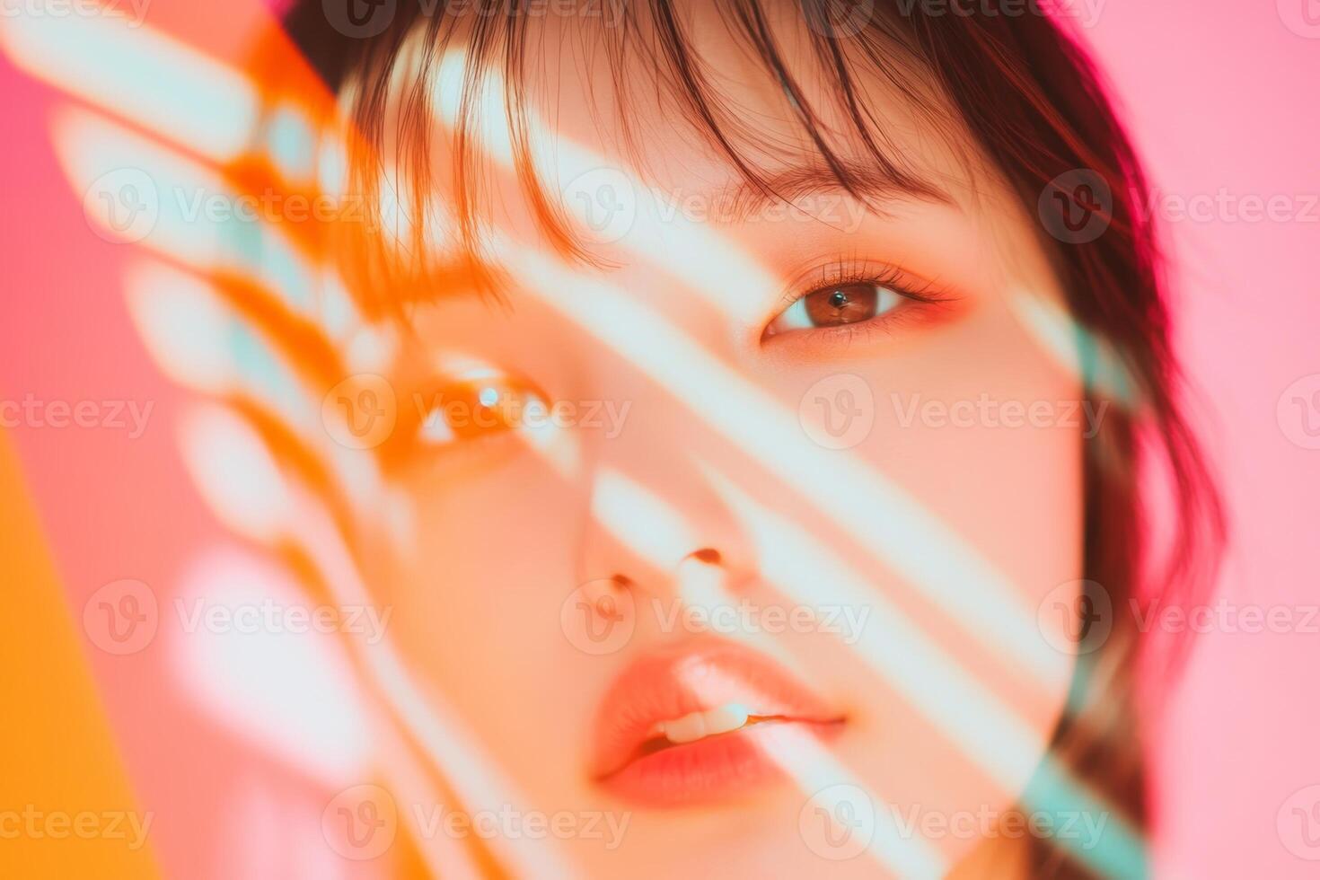 A close-up portrait of a young woman with soft features, colorful lighting, and striking shadows against a vibrant background in an artistic setting photo