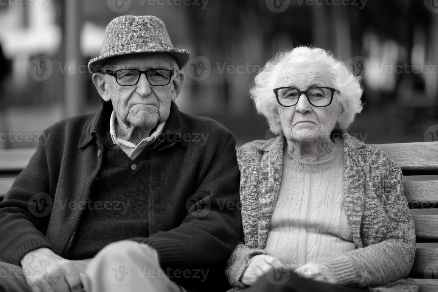 An elderly couple sits side by side on a park bench, enjoying a quiet moment together on a sunny day in the city photo