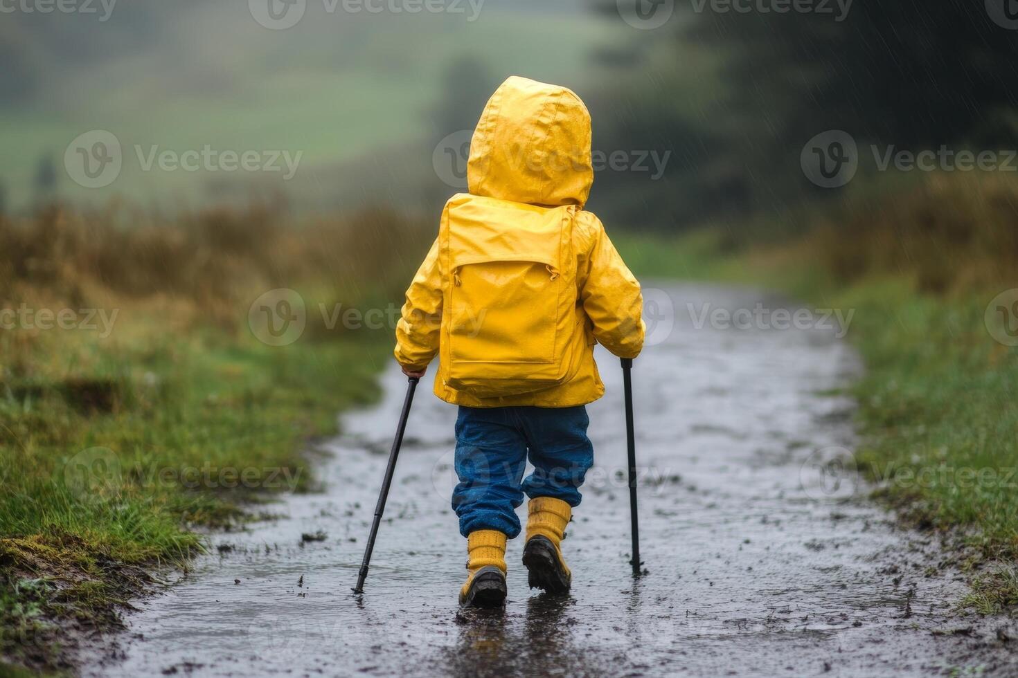 A young child in a yellow raincoat walks along a muddy path during a rainy day in a lush countryside setting photo