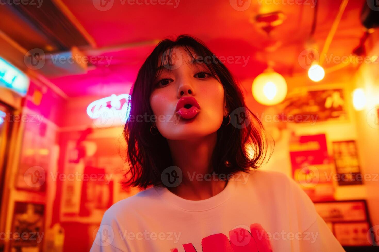 A young woman with a playful expression poses in a vibrant, illuminated cafe during evening hours photo