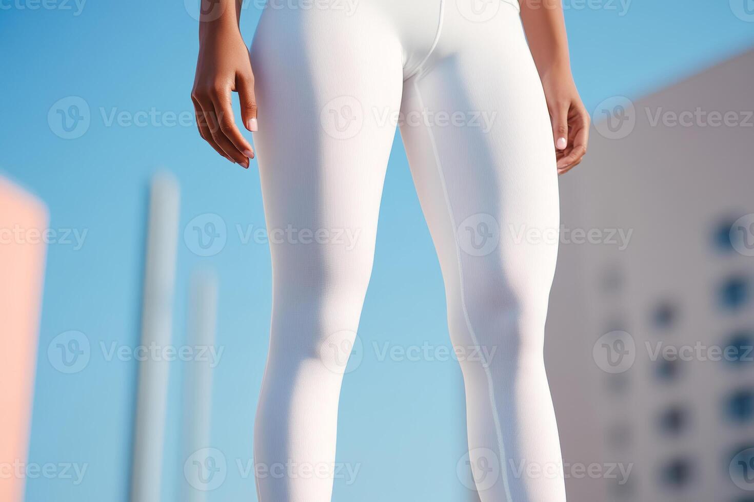 A person wearing stylish white leggings stands confidently against a bright blue sky in an urban setting during the daytime photo