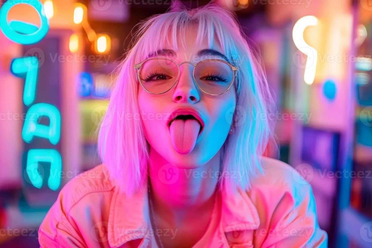 A young woman with short hair playfully sticking out her tongue in a vibrant neon-lit space during the evening photo