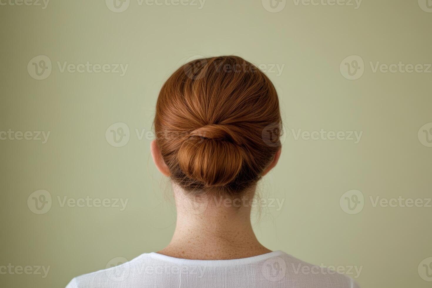A woman with a neat bun hairstyle stands against a plain green wall, showcasing her elegant look during a calm indoor moment photo