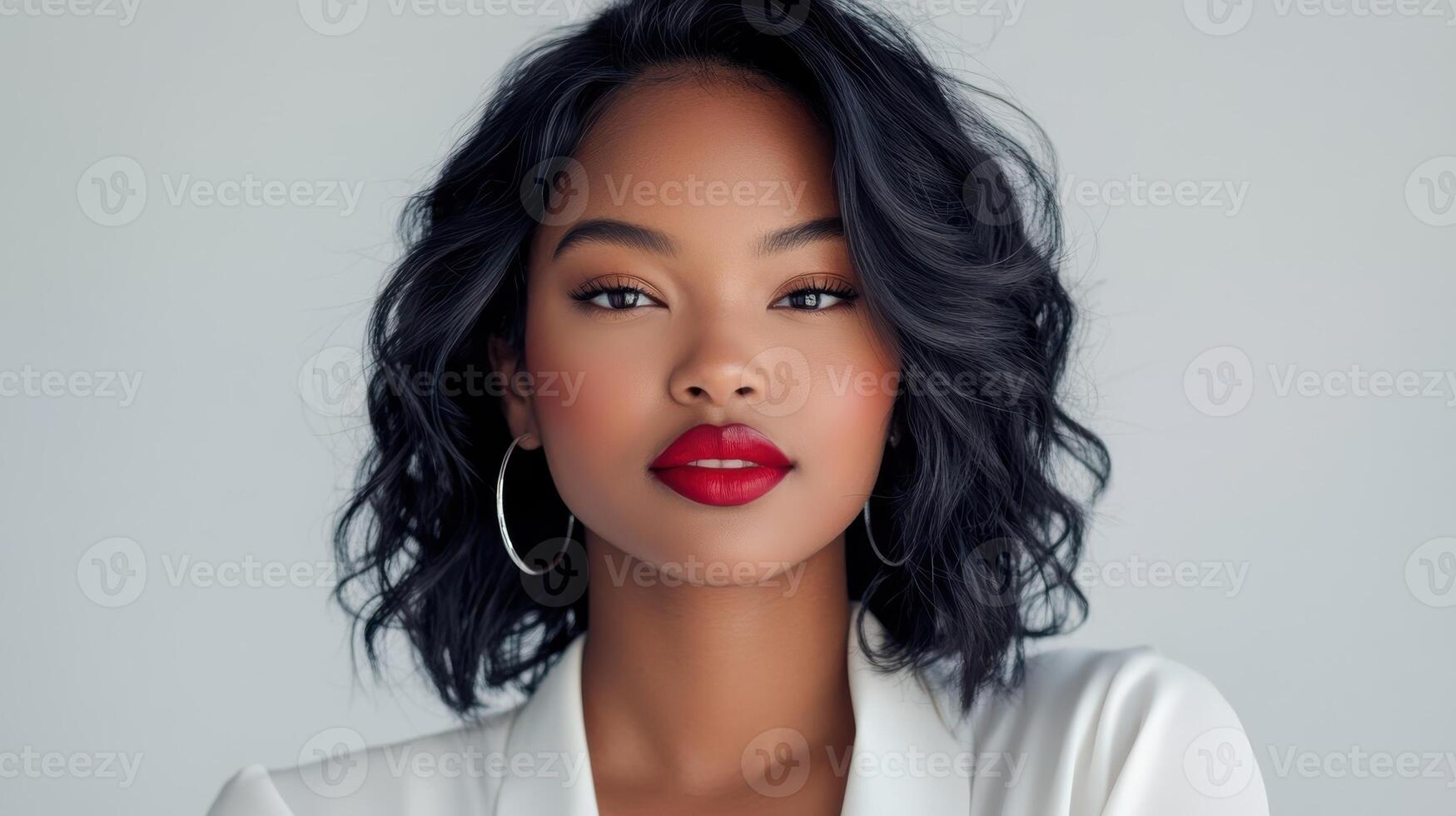 Confident woman with short black curly hair and red lipstick looking forward photo