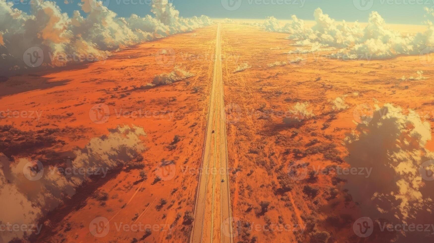 Vast desert road stretching into horizon with blue sky and clouds photo
