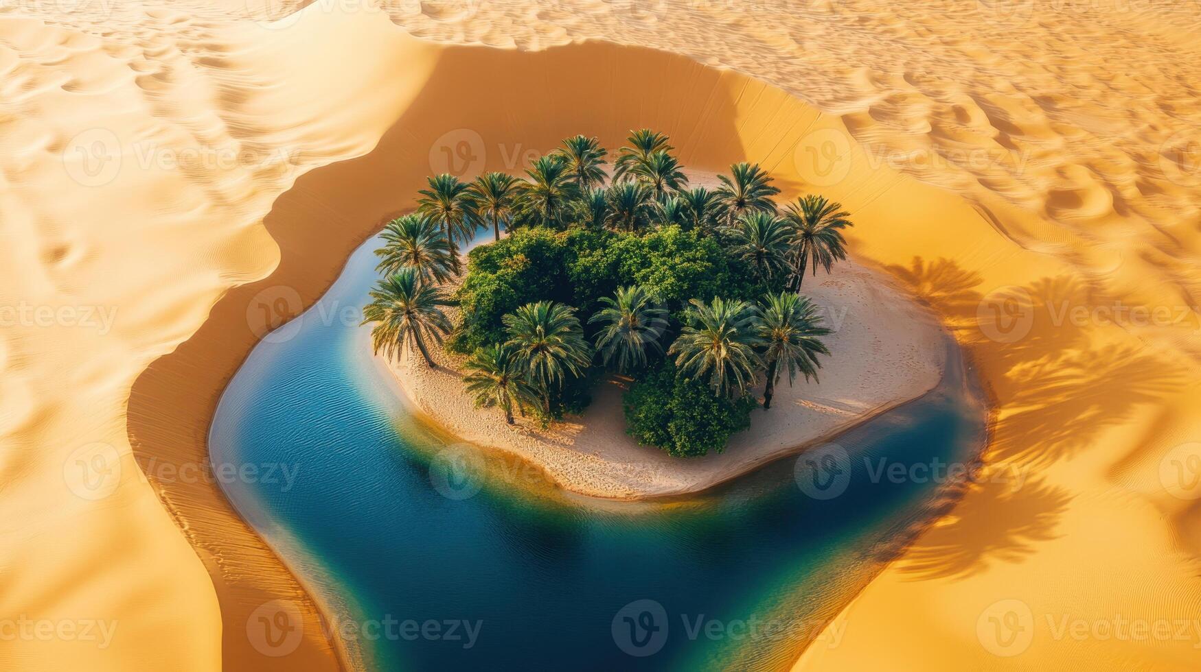 Aerial view of oasis with palm trees and blue water surrounded by desert sand dunes photo