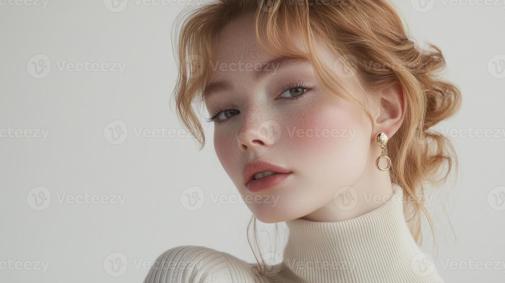 Close-up portrait of a young woman with earrings and sweater in a studio setting photo
