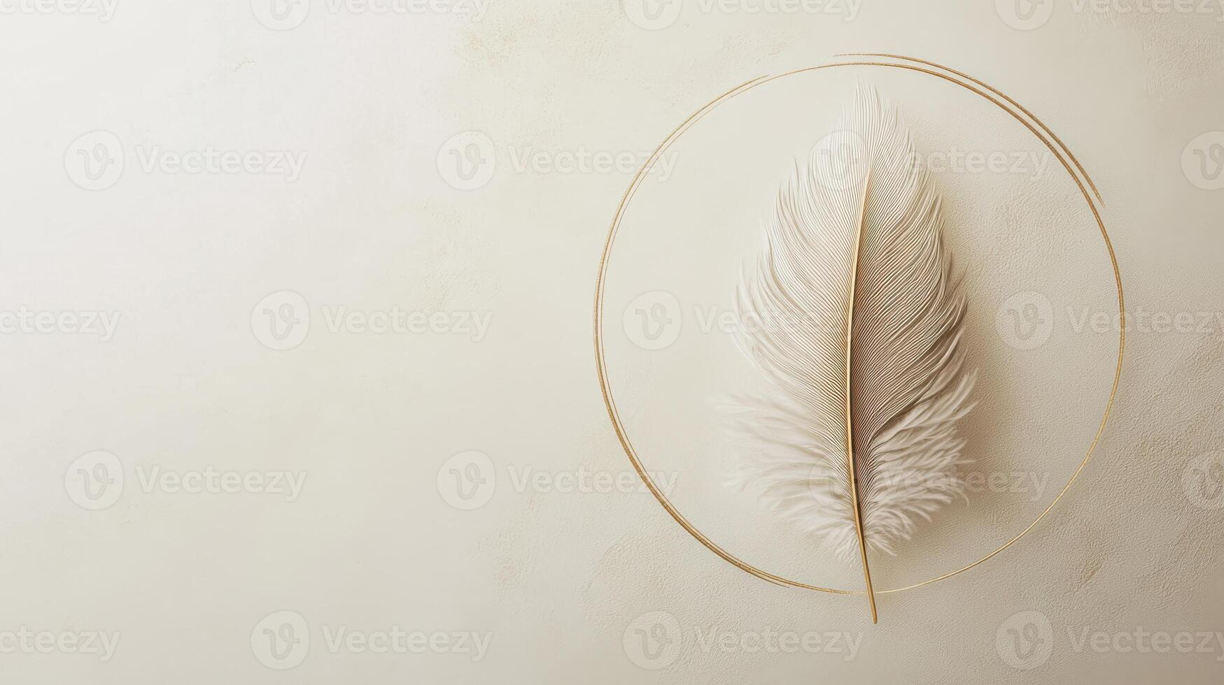 Minimalist feather inside circular frame on textured background for elegant decor photo