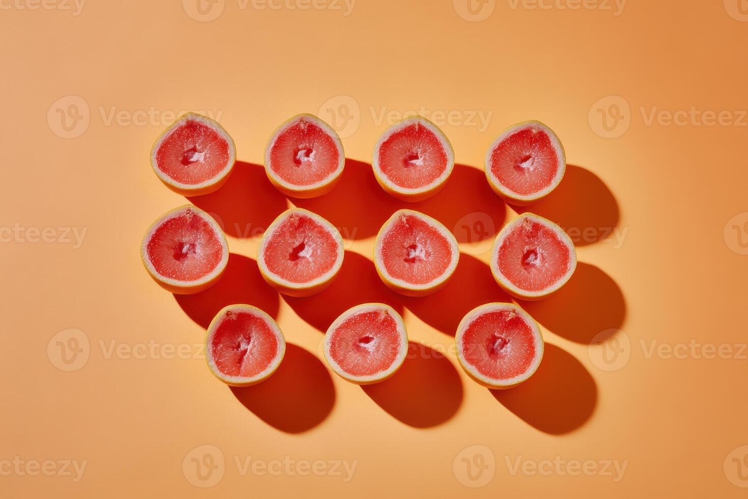 Grapefruit halves arranged in grid pattern on bright orange background photo