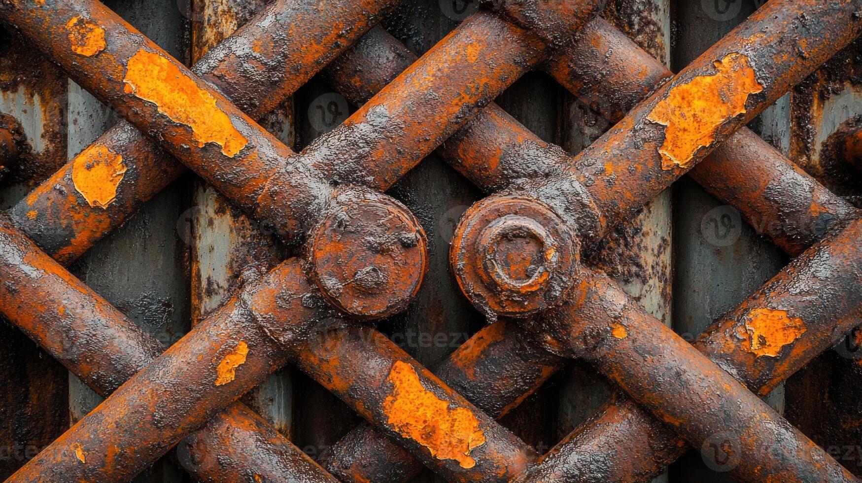 Rusty metal texture with crossed pipes and orange corrosion pattern photo