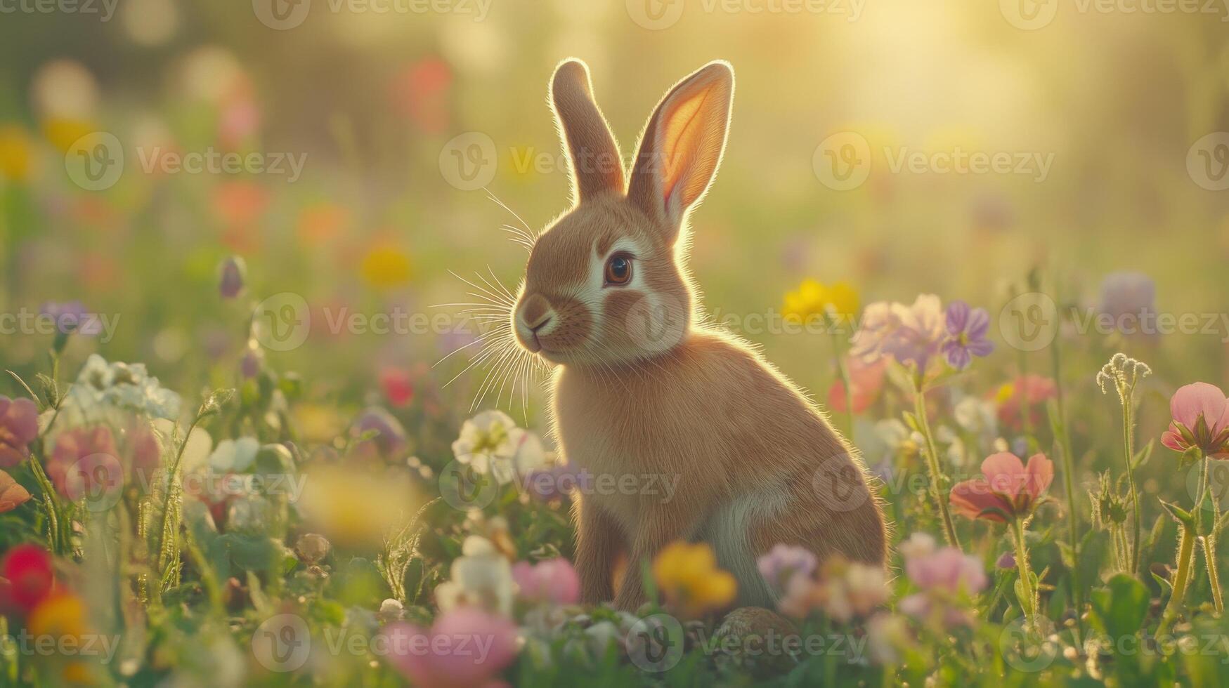 Adorable rabbit in a sunlit flower meadow capturing the essence of spring photo