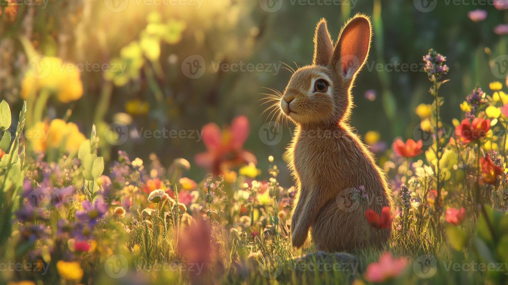 Adorable rabbit in sunlit flower meadow capturing the essence of spring photo