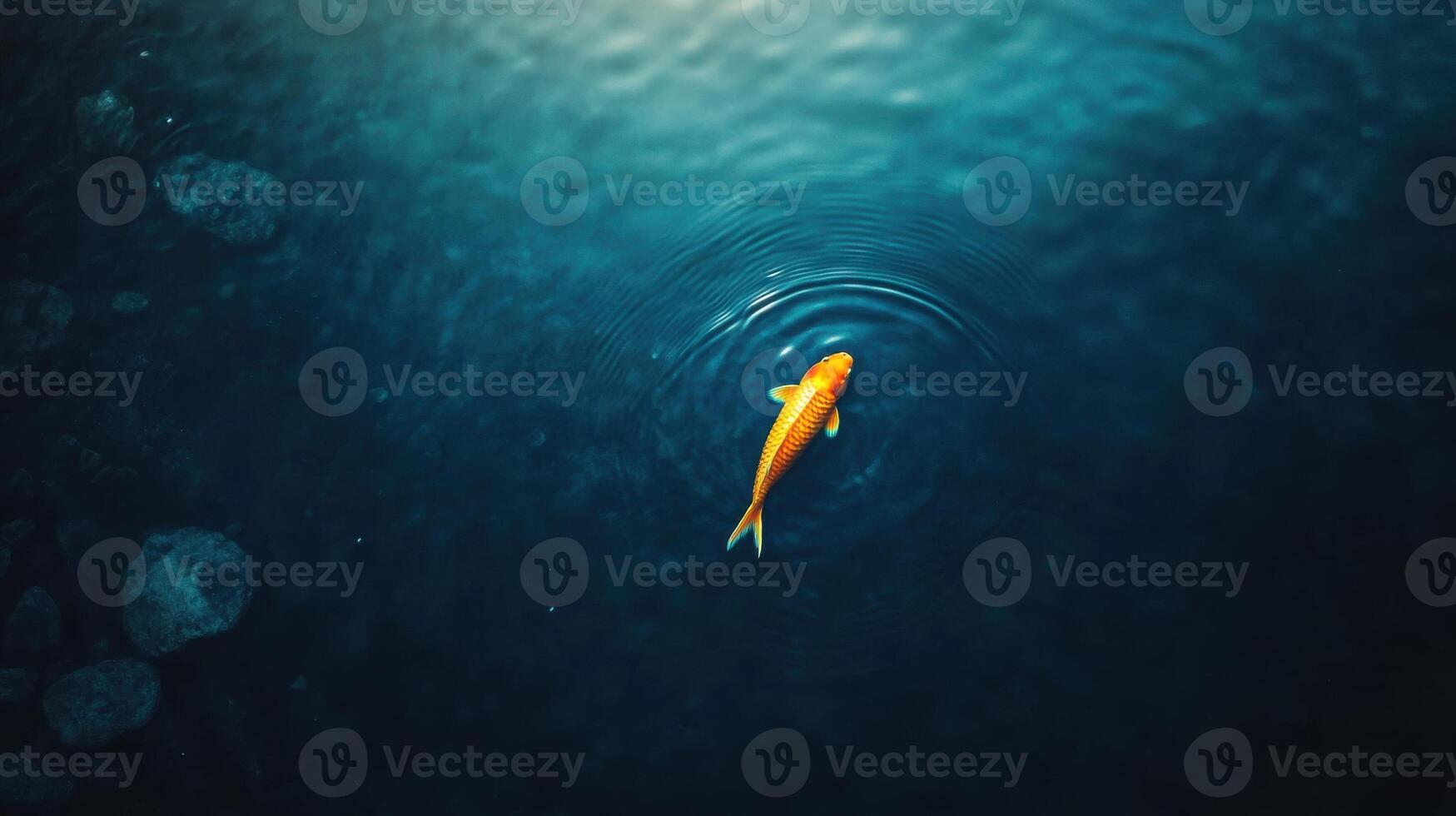Orange koi fish swimming gracefully in deep blue water creating ripples photo