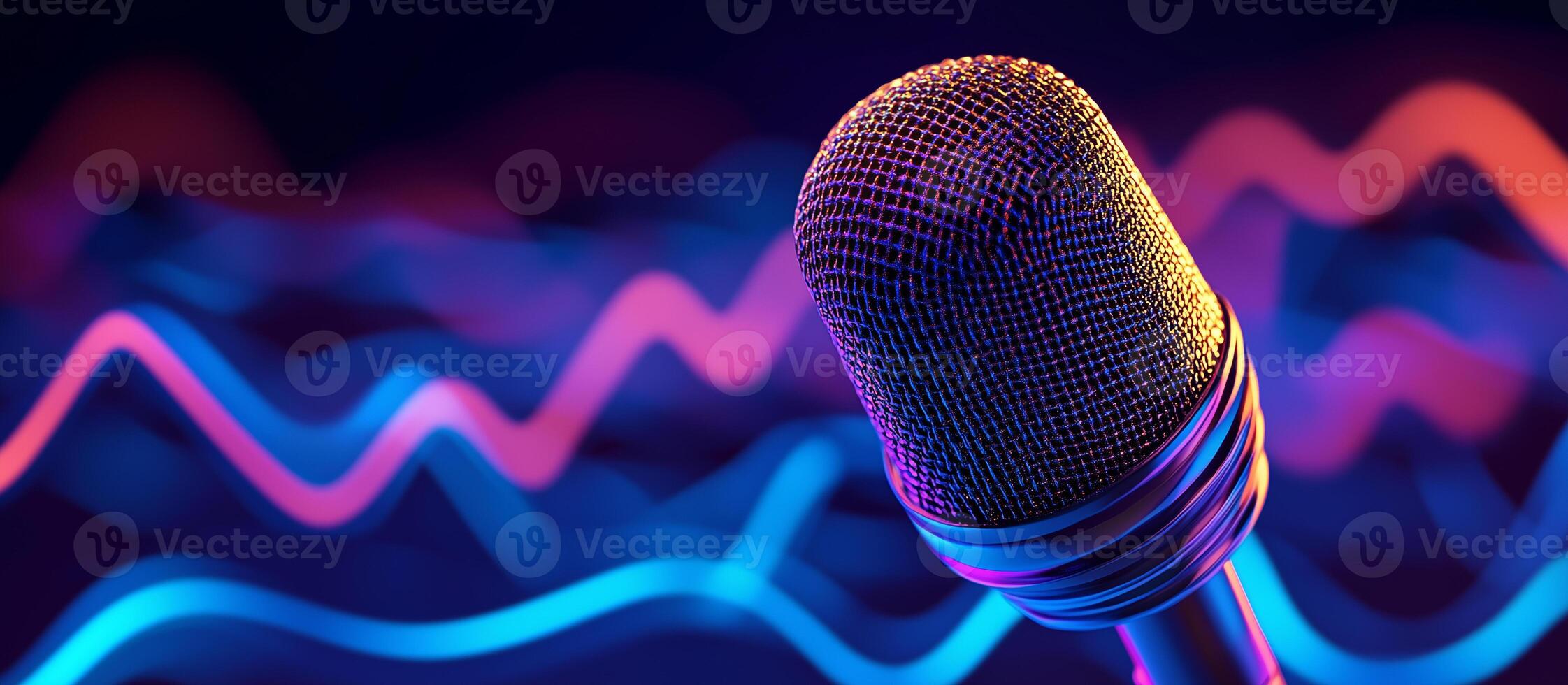 a microphone is shown in front of a colorful background photo