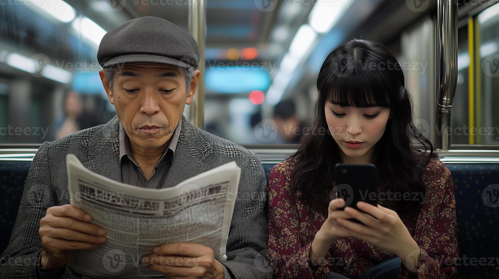 elderly asian man reading newspaper sitting in subway train next to a young asian woman using modern smartphone photo