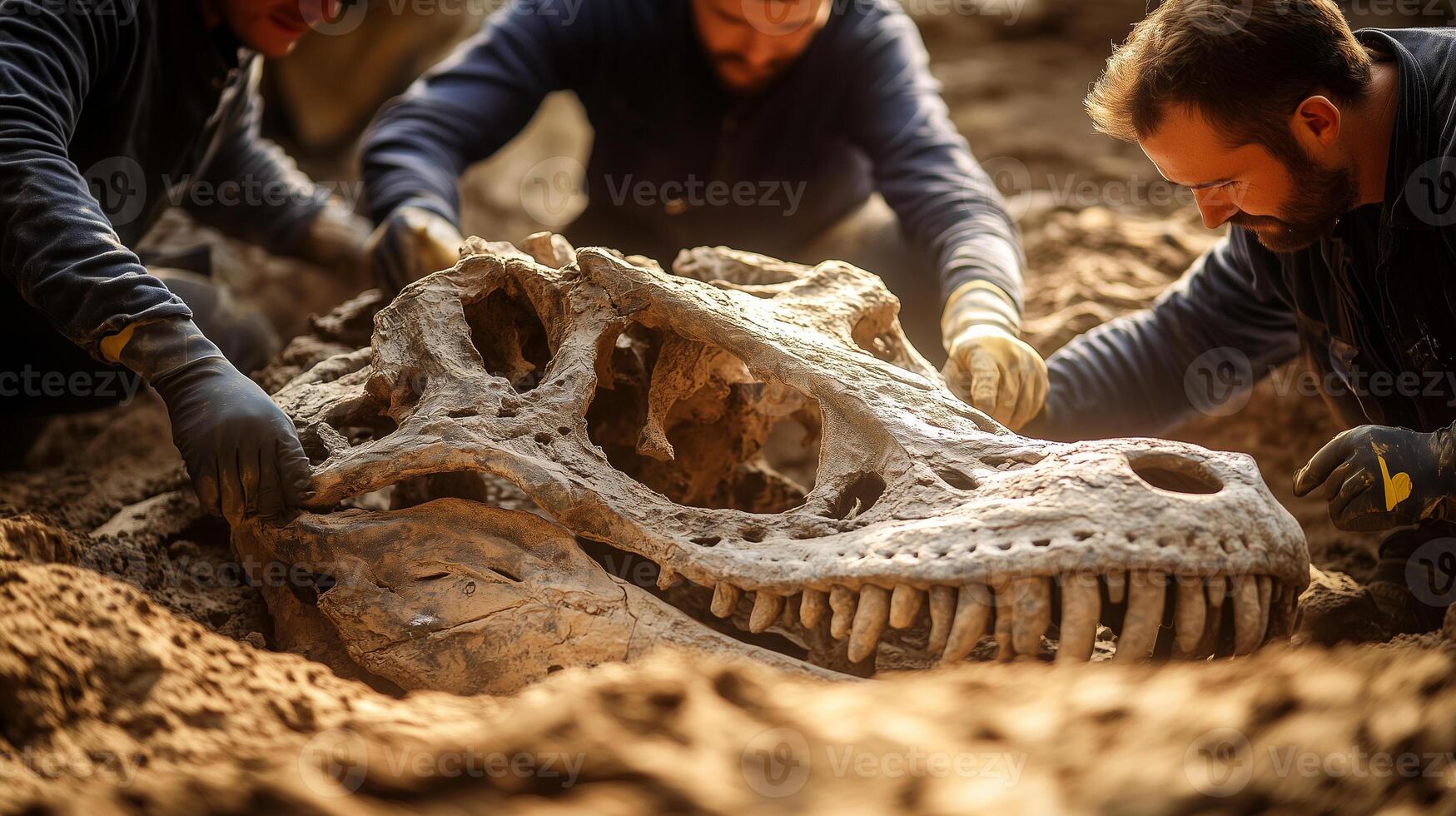 three men are working on a dinosaur skeleton photo
