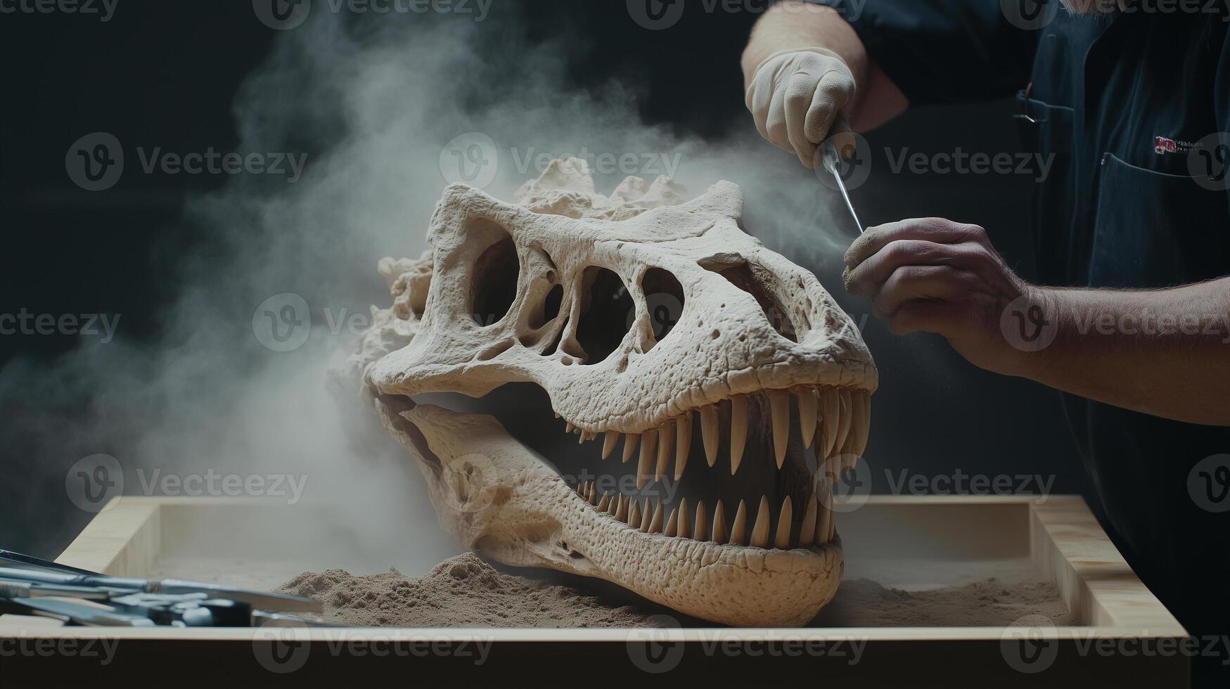 archaeological team in excavation area uncovering a massive dinosaur skeleton photo