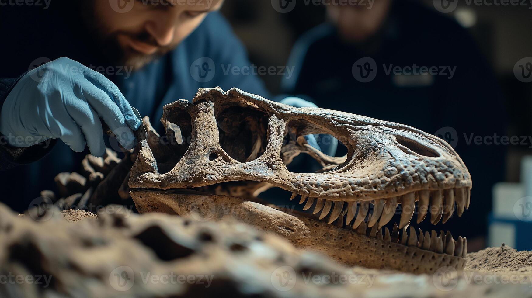 a man is examining a dinosaur skull photo