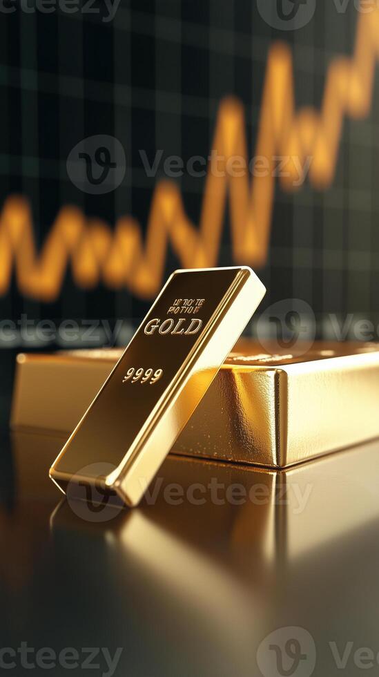 gold bars on a table with an upward graph photo